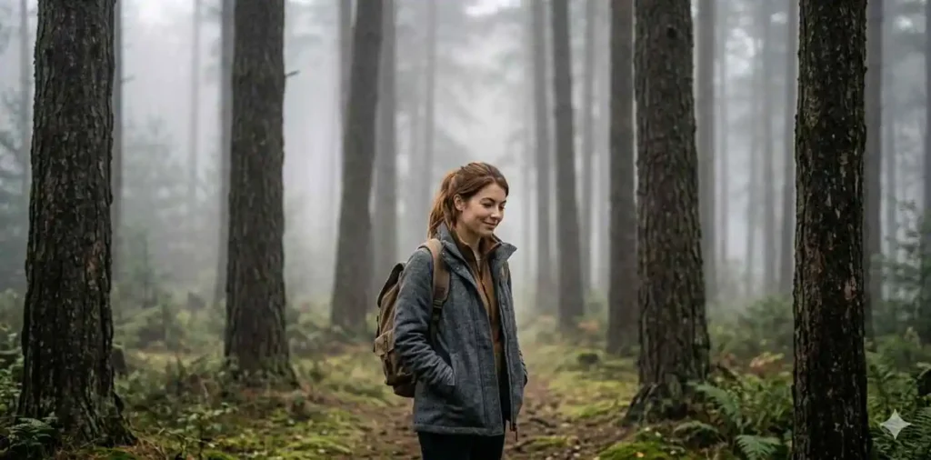 Person walking through foggy woodland trail