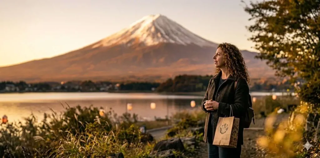 Traveler admiring Mount Fuji from a peaceful viewpoint