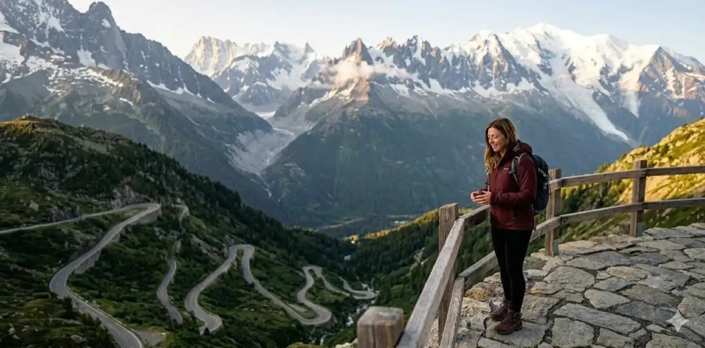 Traveler overlooking winding mountain road
