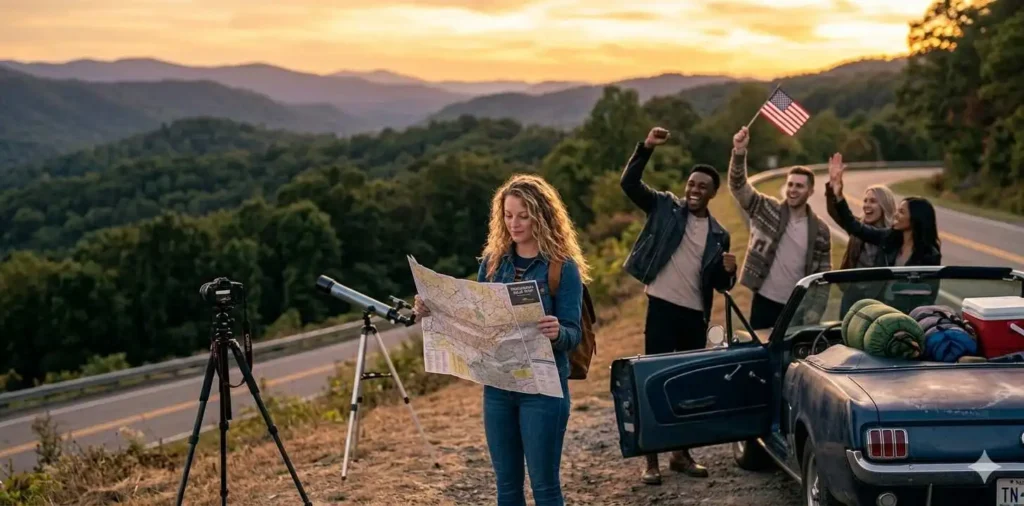Travelers celebrating beside scenic highway stop