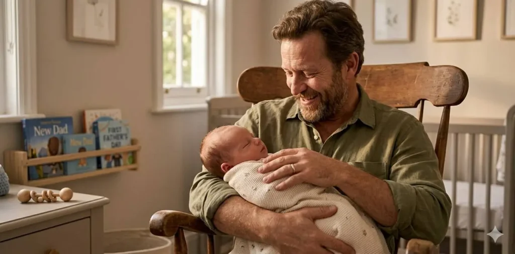 New father holding his sleeping baby