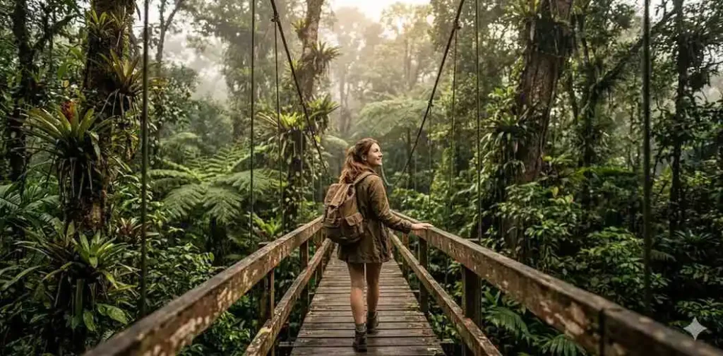 Traveler exploring lush rainforest pathway