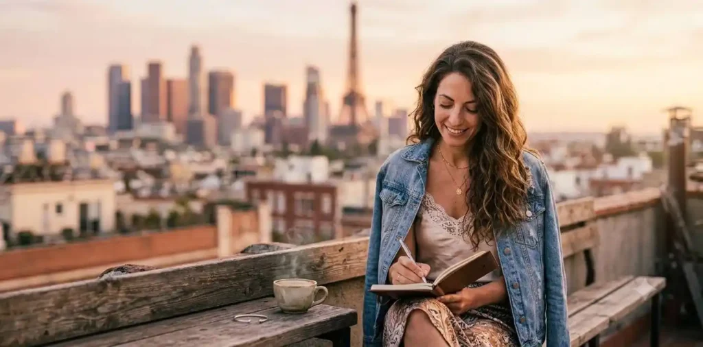 Young adult watching sunset with thoughtful expression