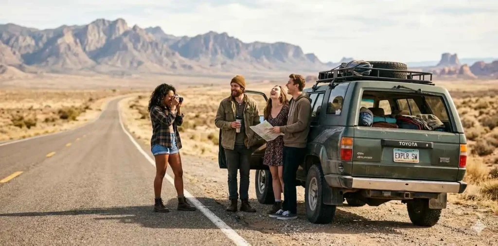 Friends leaning from car on scenic highway