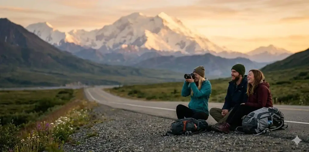 Friends enjoying scenic drive through Alaska