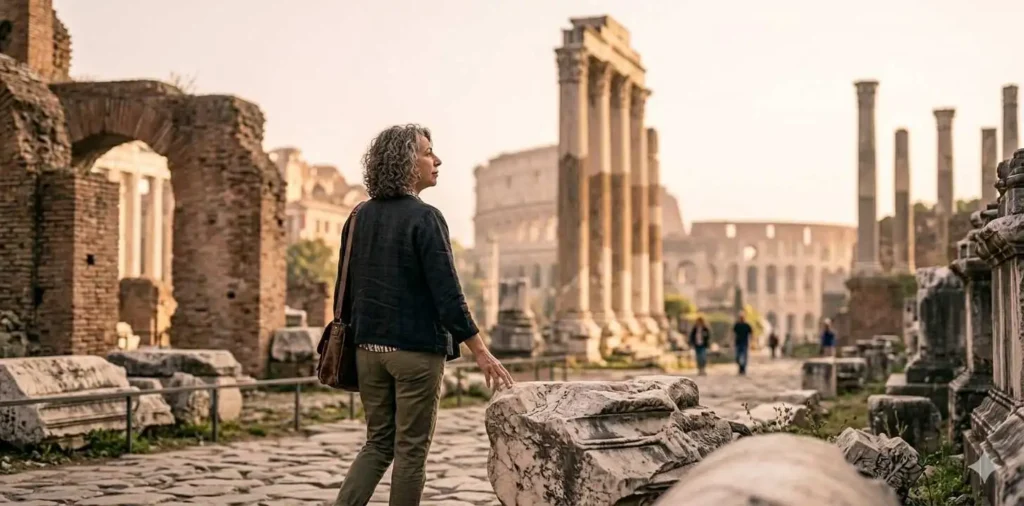 Traveler admiring ancient Roman Forum ruins