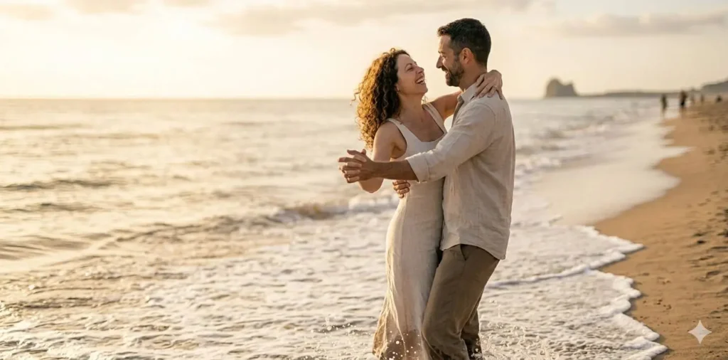 Couple holding hands on a quiet beach walk