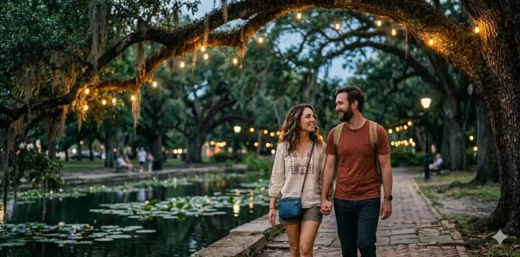 Couple sharing a quiet evening walk in New Orleans