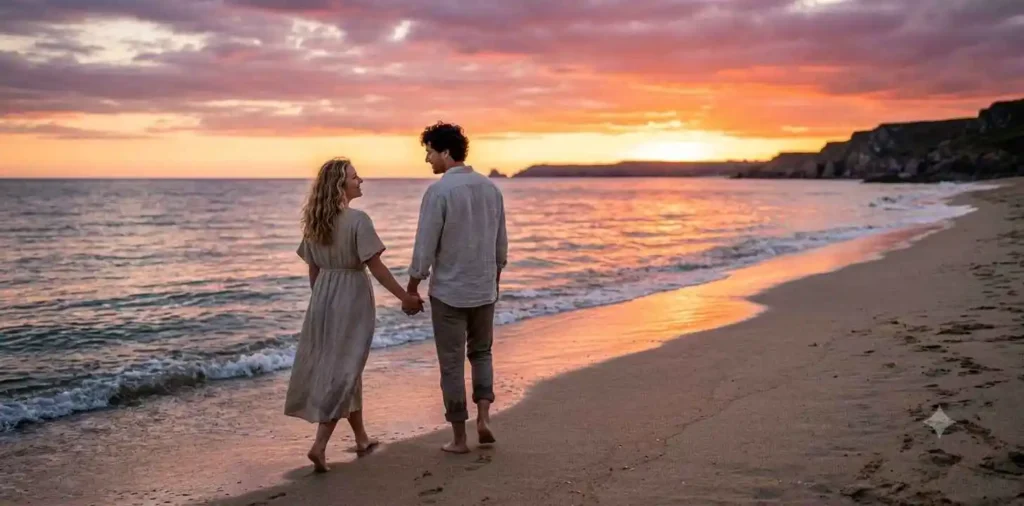 Couple walking together beneath colorful sunset
