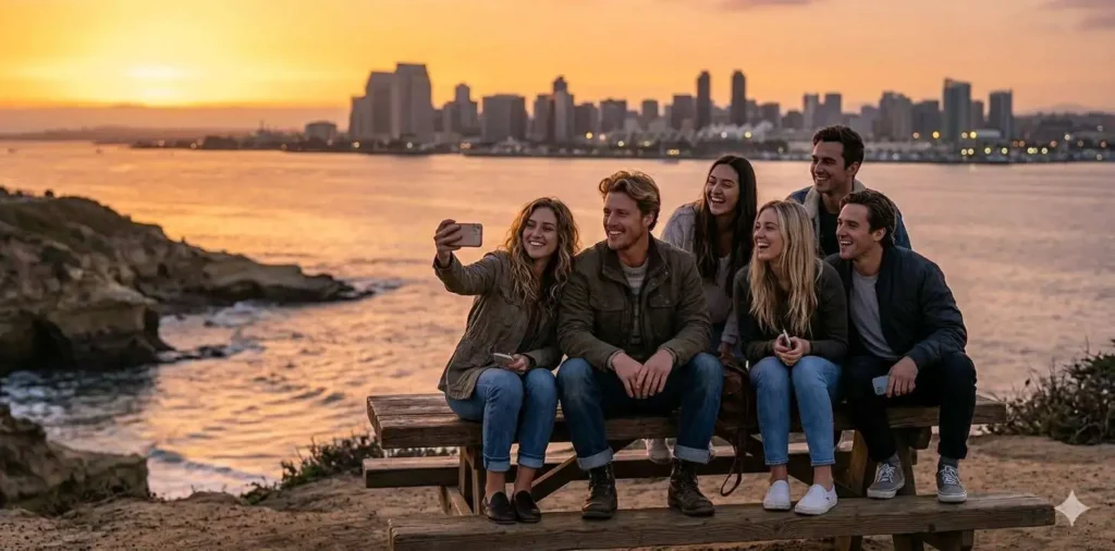Friends watching sunset over San Diego coast