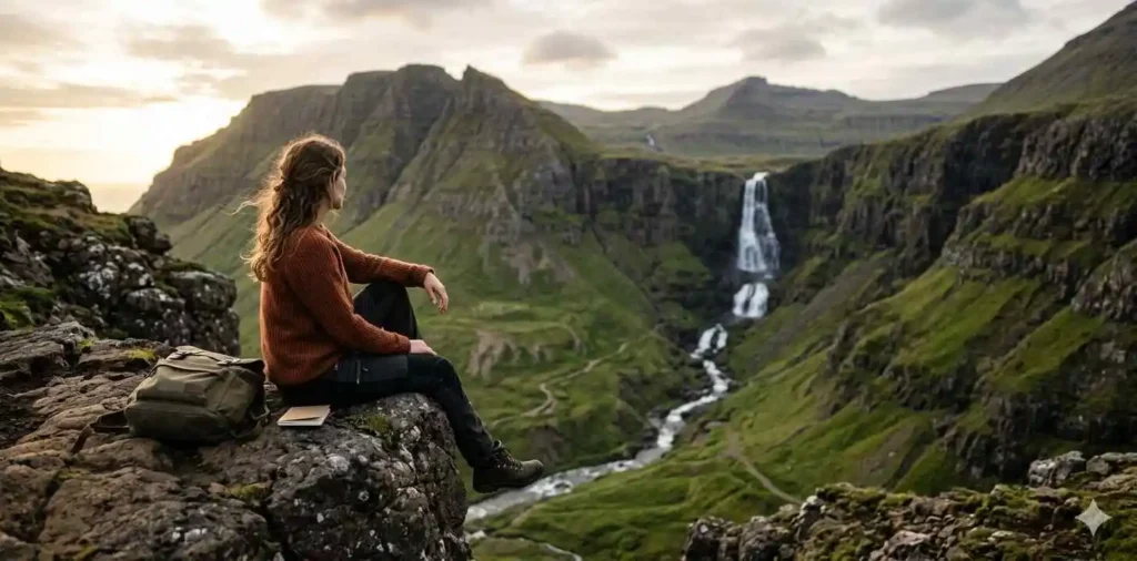 Traveler admiring waterfall from scenic viewpoint