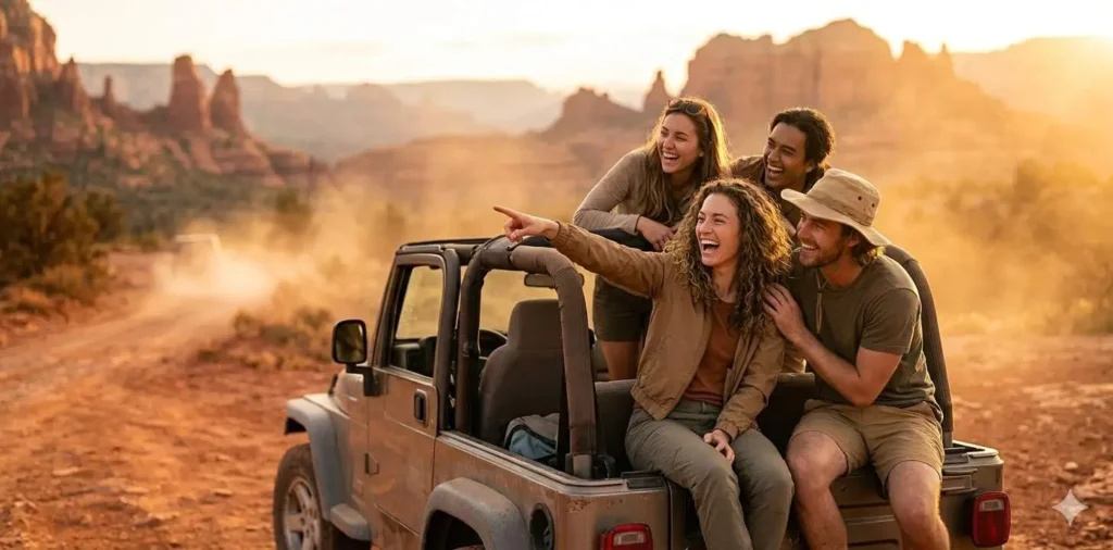 Friends laughing during desert road trip