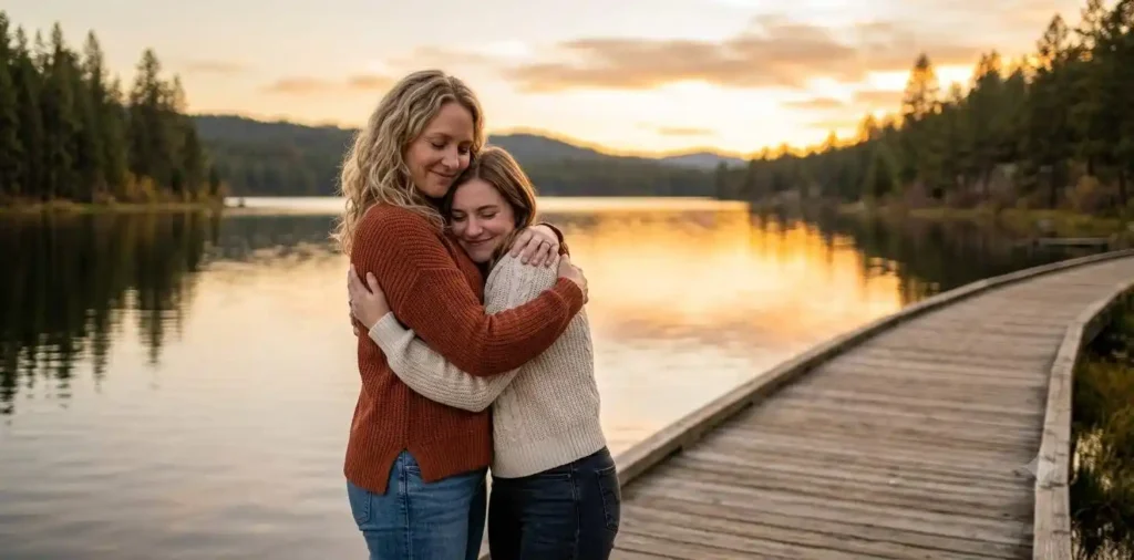 Two sisters embracing near lakeside sunset