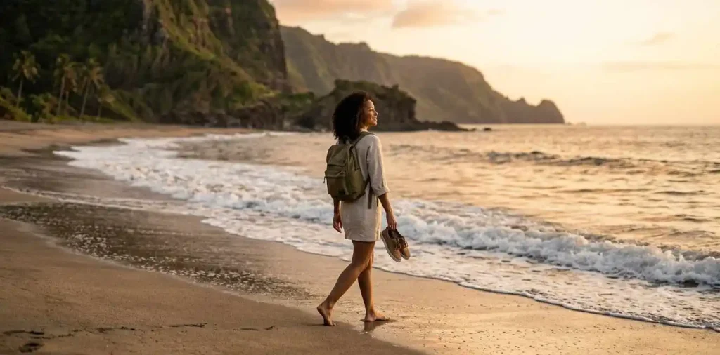 Traveler exploring quiet beach alone