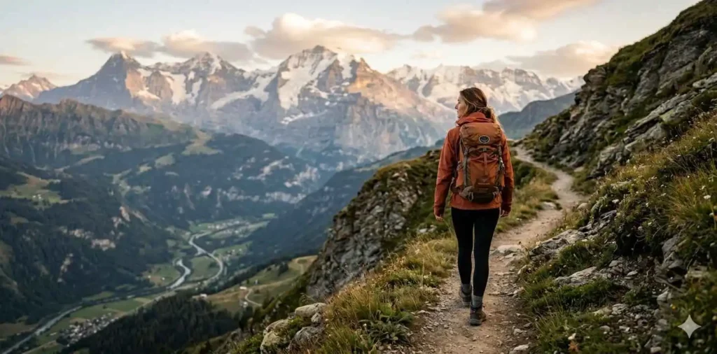 Traveler exploring mountain trail alone