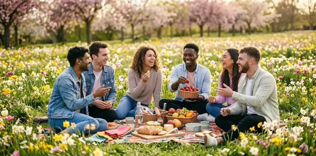 Friends enjoying picnic among spring flowers