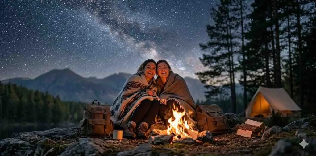 Friends watching stars beside a campsite