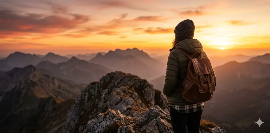 Hiker watching sunset over mountain ridge