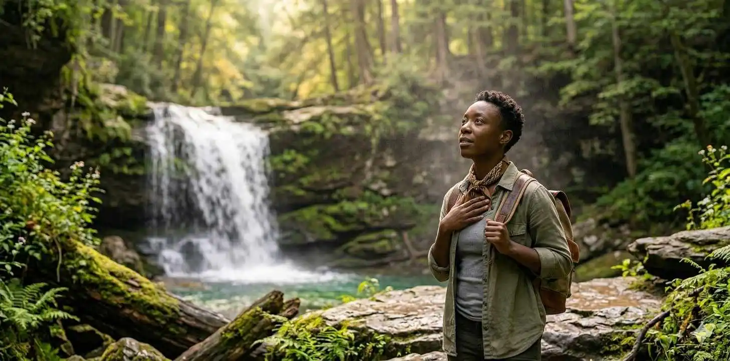 Traveler discovering hidden waterfall in Tennessee forest