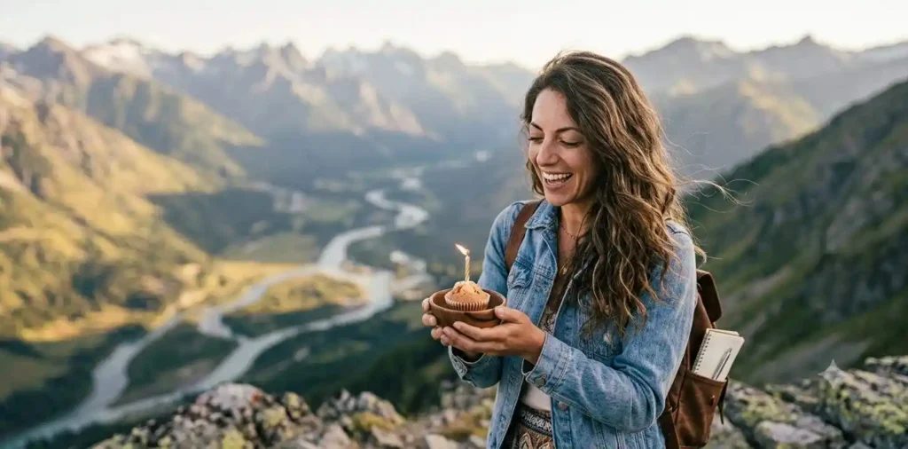 Traveler celebrating birthday at a scenic mountain viewpoint