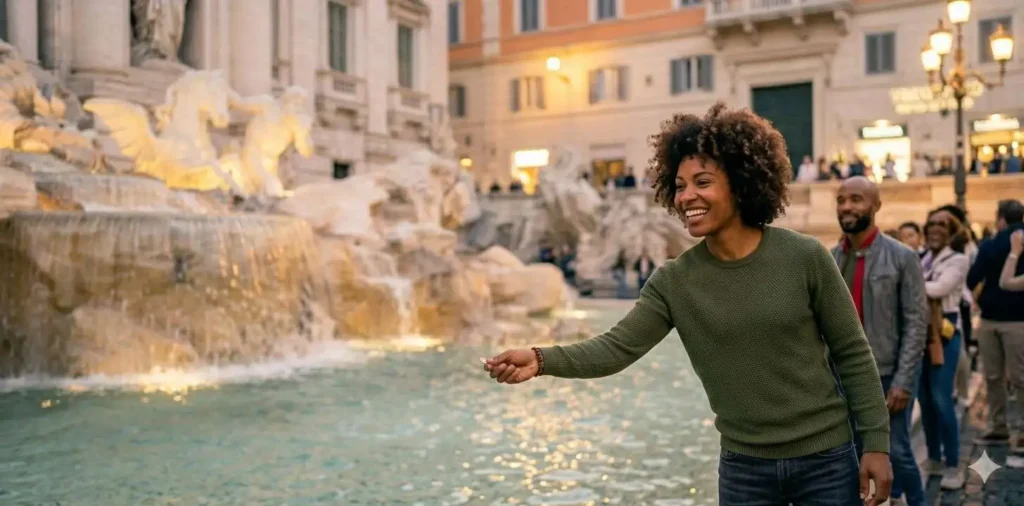 Tourist tossing coin into Trevi Fountain