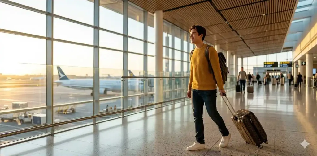 Traveler celebrating vacation departure at airport