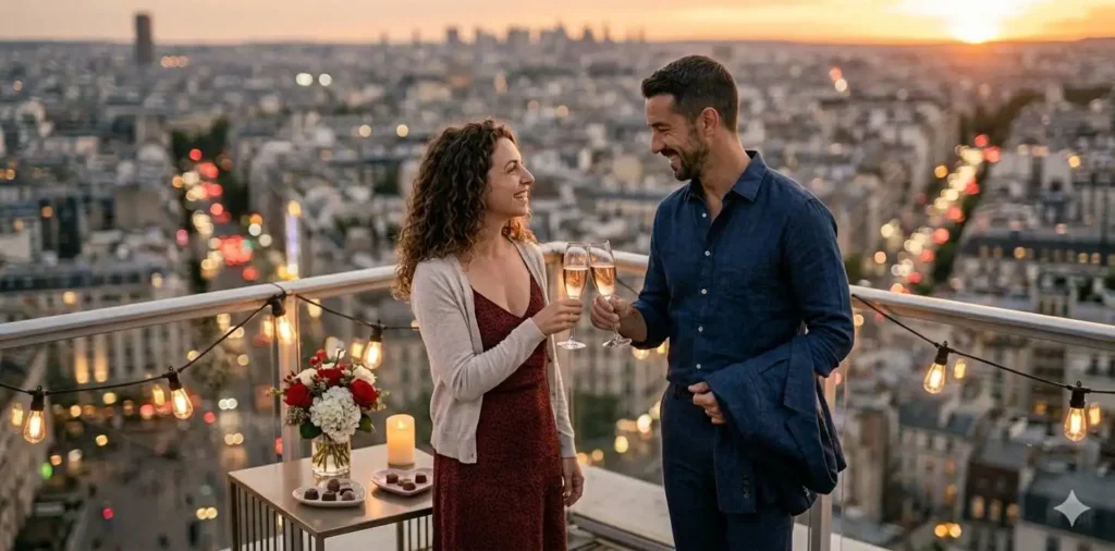 Newlywed couple enjoying a scenic rooftop evening together
