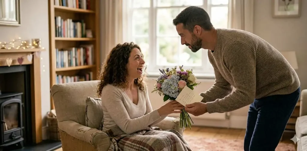 Husband surprising his wife with flowers at home