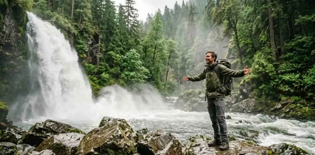 Traveler admiring a waterfall in lush forest