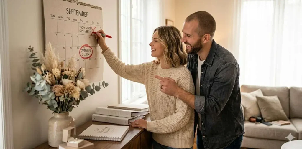 Couple marking days until wedding on home calendar