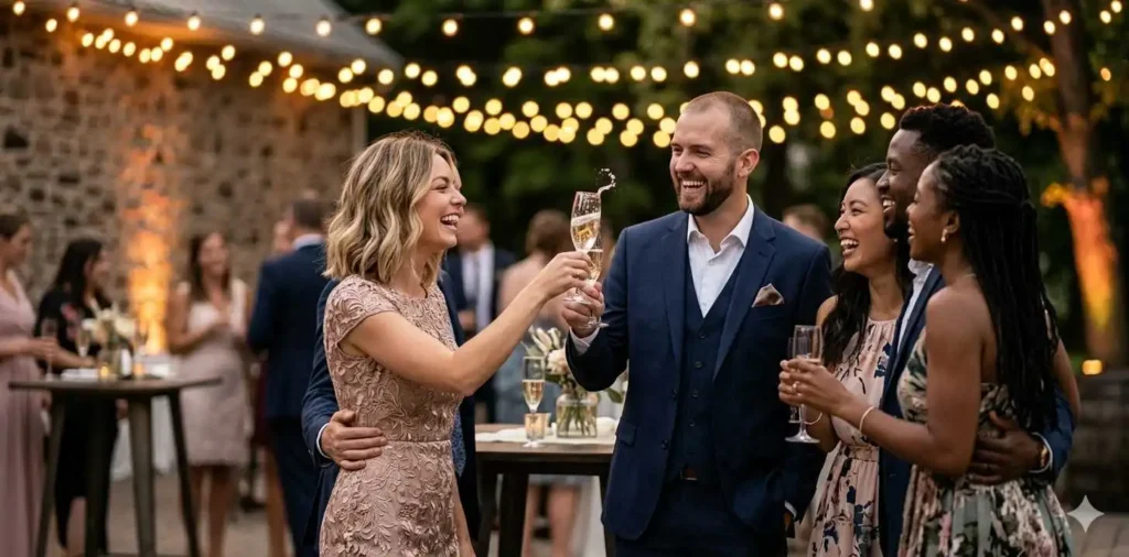 Friends celebrating together at an elegant wedding reception