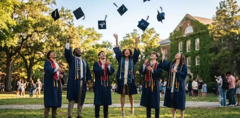 Graduates tossing caps in celebration