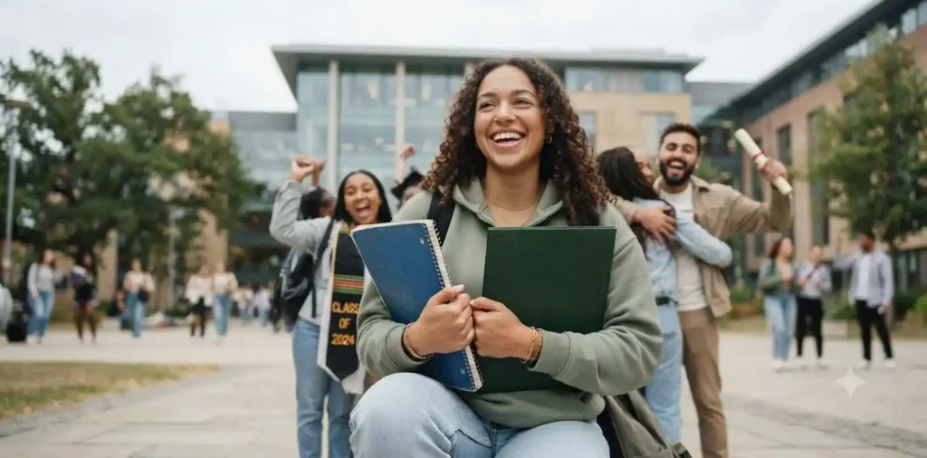 Student celebrating excellent semester results