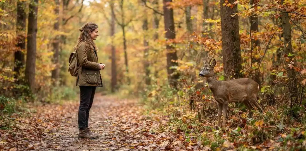 Person watching deer in an autumn forest