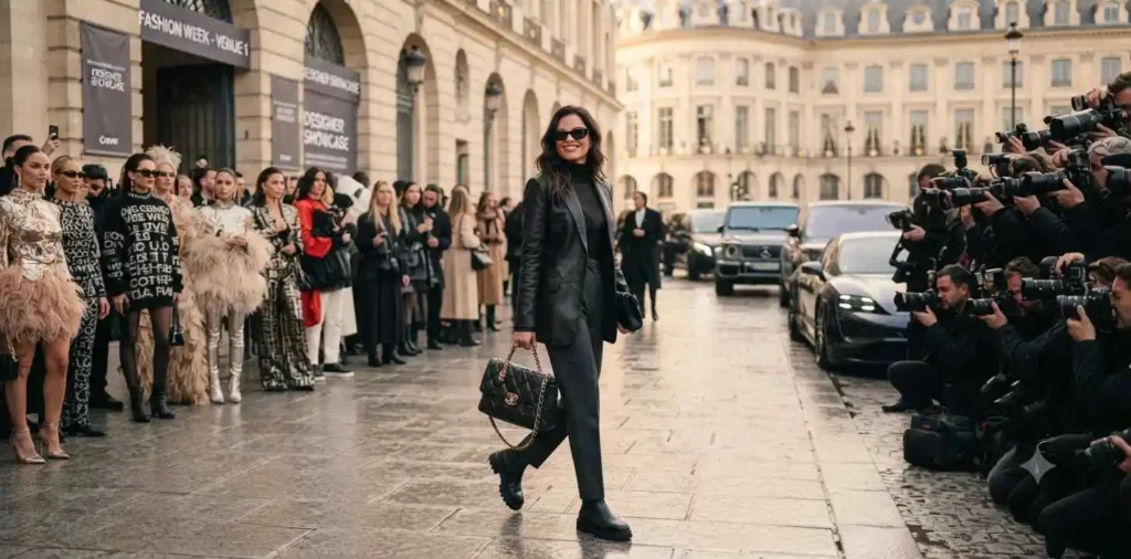 Woman posing outside a fashion show venue
