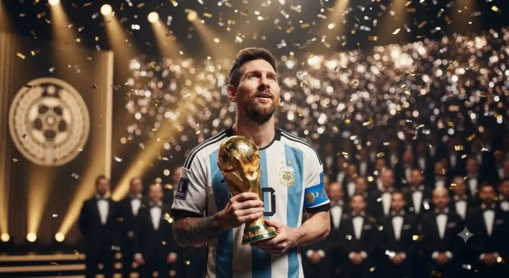 Football star proudly holding a golden trophy