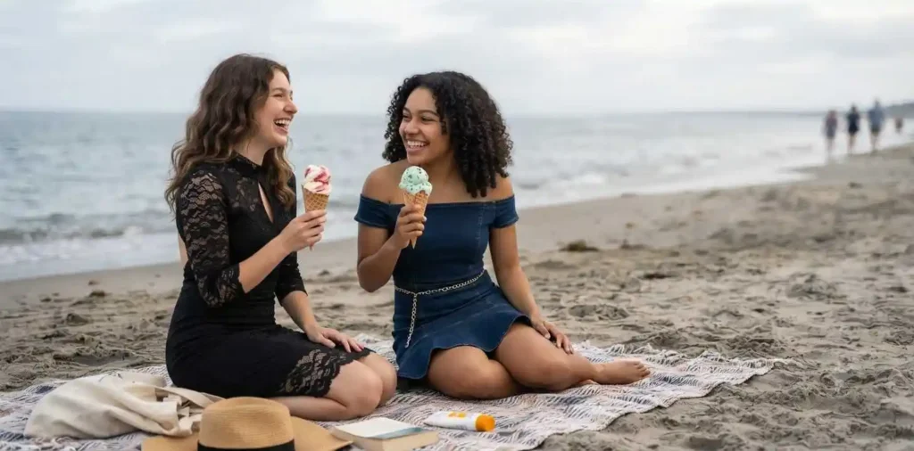 Friends enjoying ice cream by the beach
