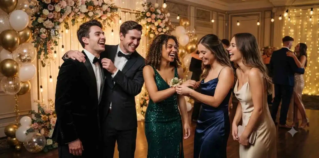 Friends posing together before prom