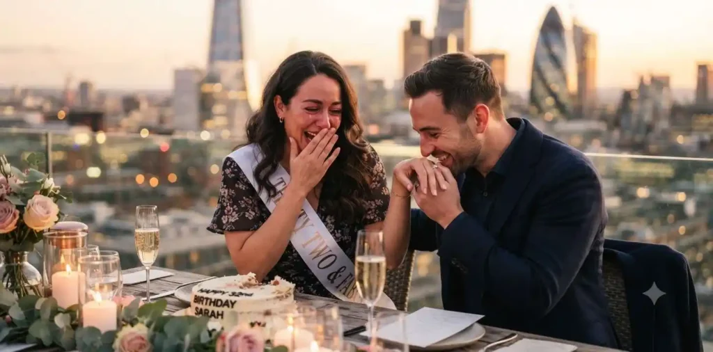 Couple celebrating engagement during birthday dinner
