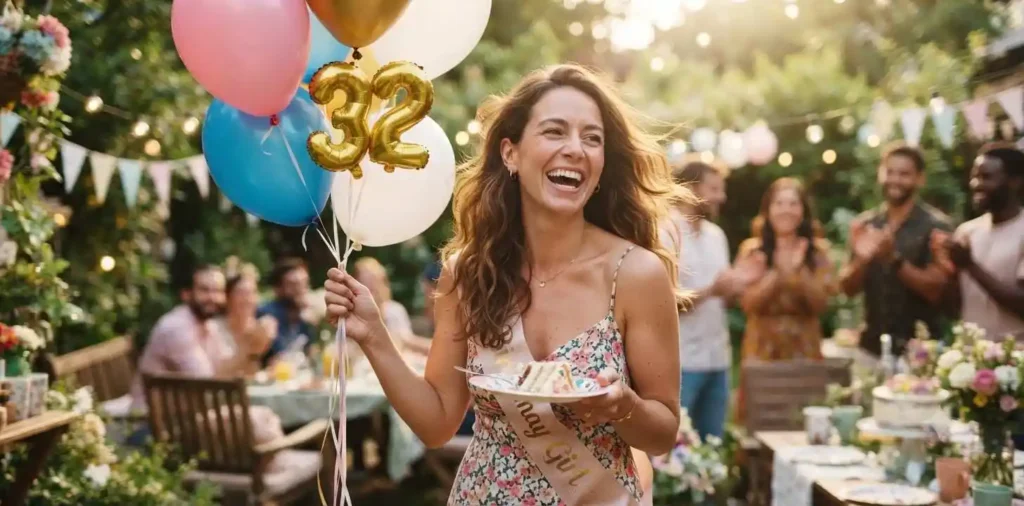 Woman laughing during birthday celebration with balloons
