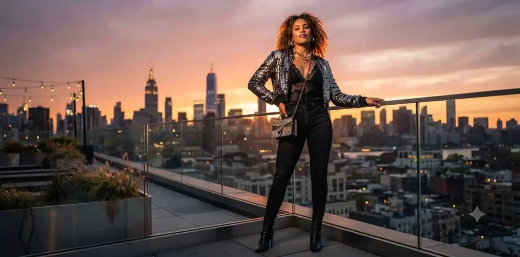 Confident person posing on a rooftop at sunset