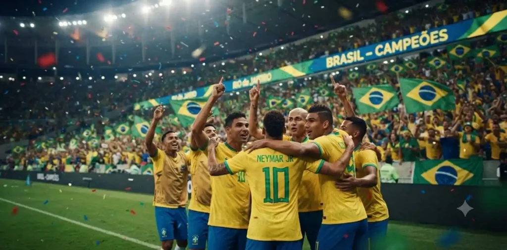Brazil football fans cheering together in stadium
