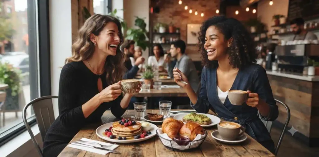 Friends enjoying brunch with coffee outdoors