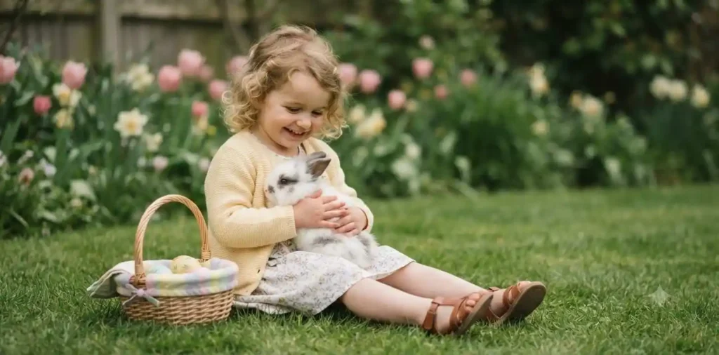 Child holding a fluffy Easter bunny