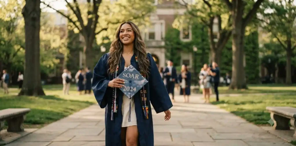 Graduate wearing cap and gown outdoors