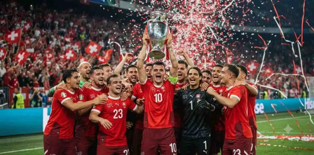 Switzerland players celebrating with championship trophy