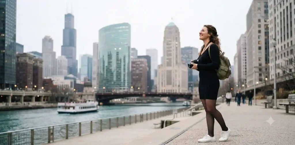 Traveler overlooking the Chicago skyline