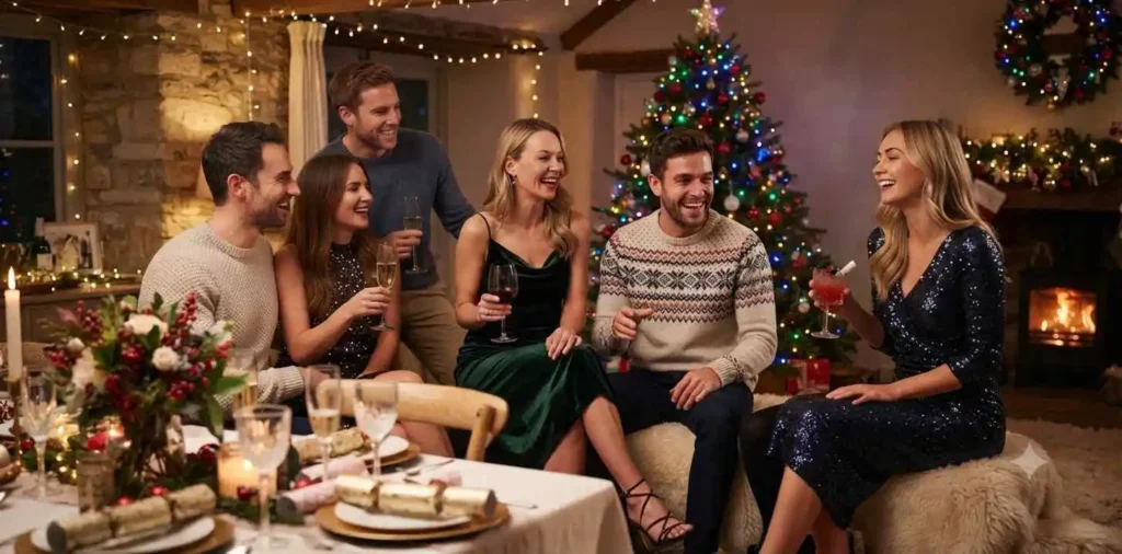 Friends celebrating at a Christmas party