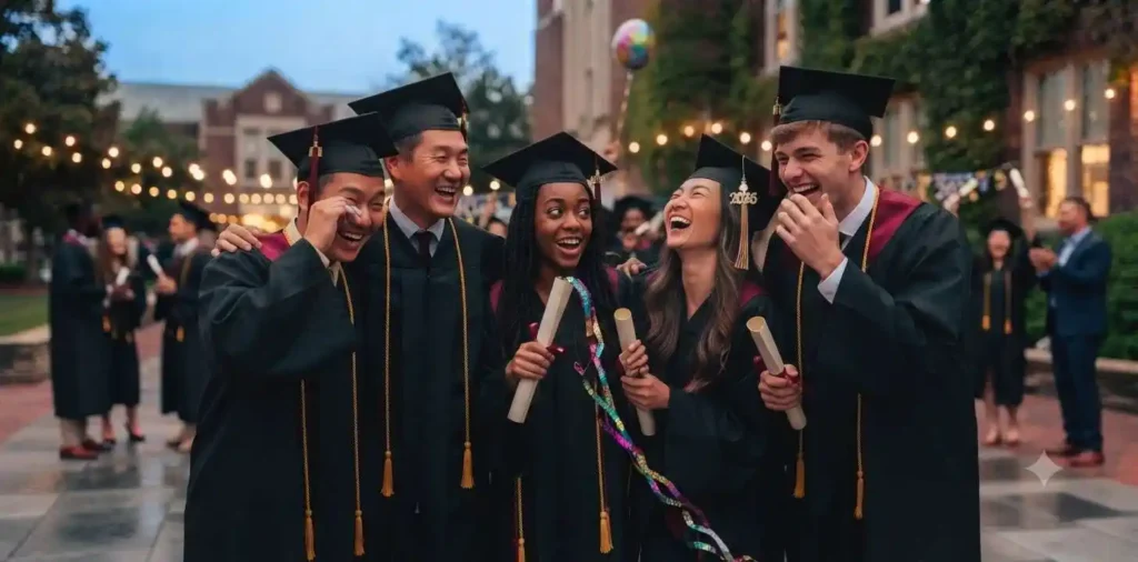 Graduates celebrating with diplomas together