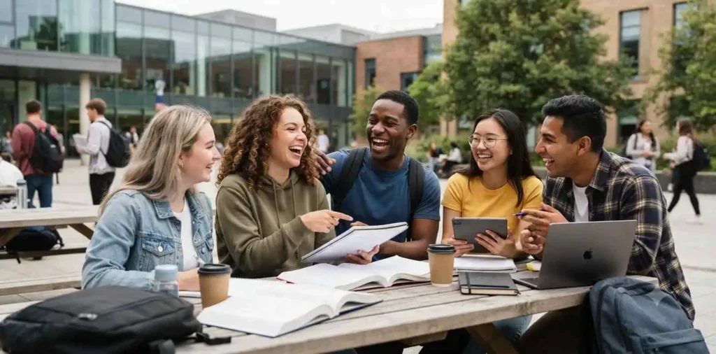 Students laughing together after class